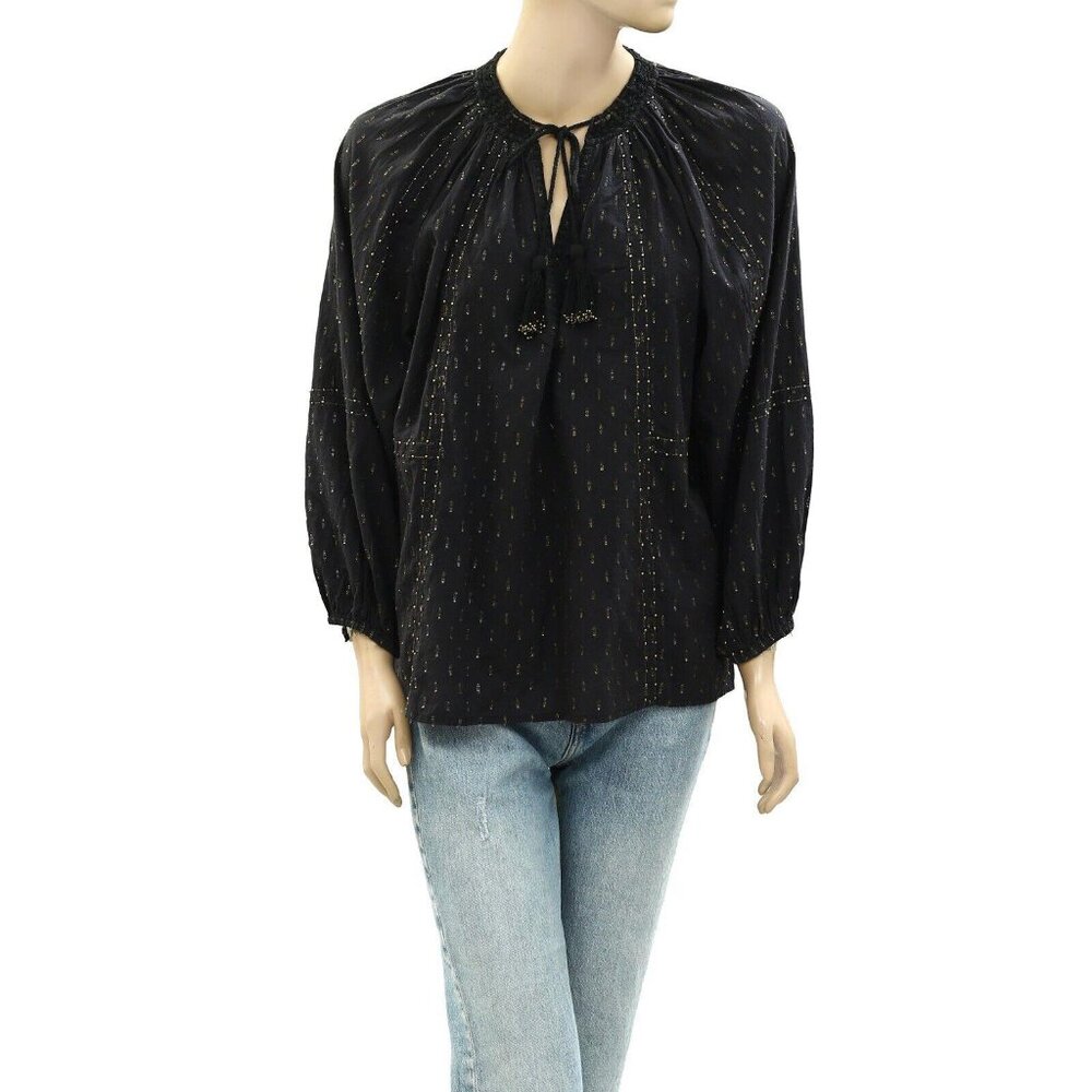 Ilio Nema Gold Beaded Blouse Top Crochet Tassel Long Sleeves Cotton L 272194